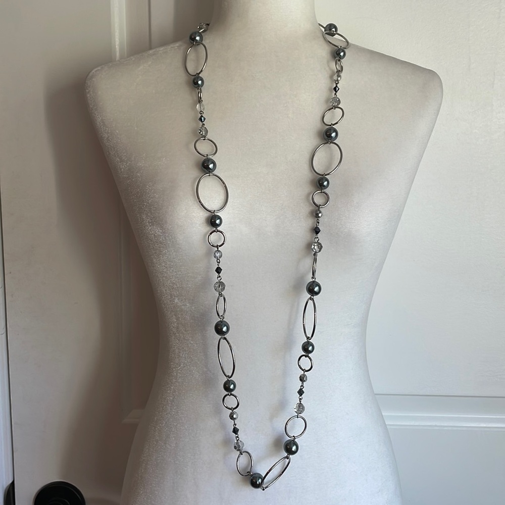 Lia Sophia Long Gunmetal Gray Beaded Link Necklace